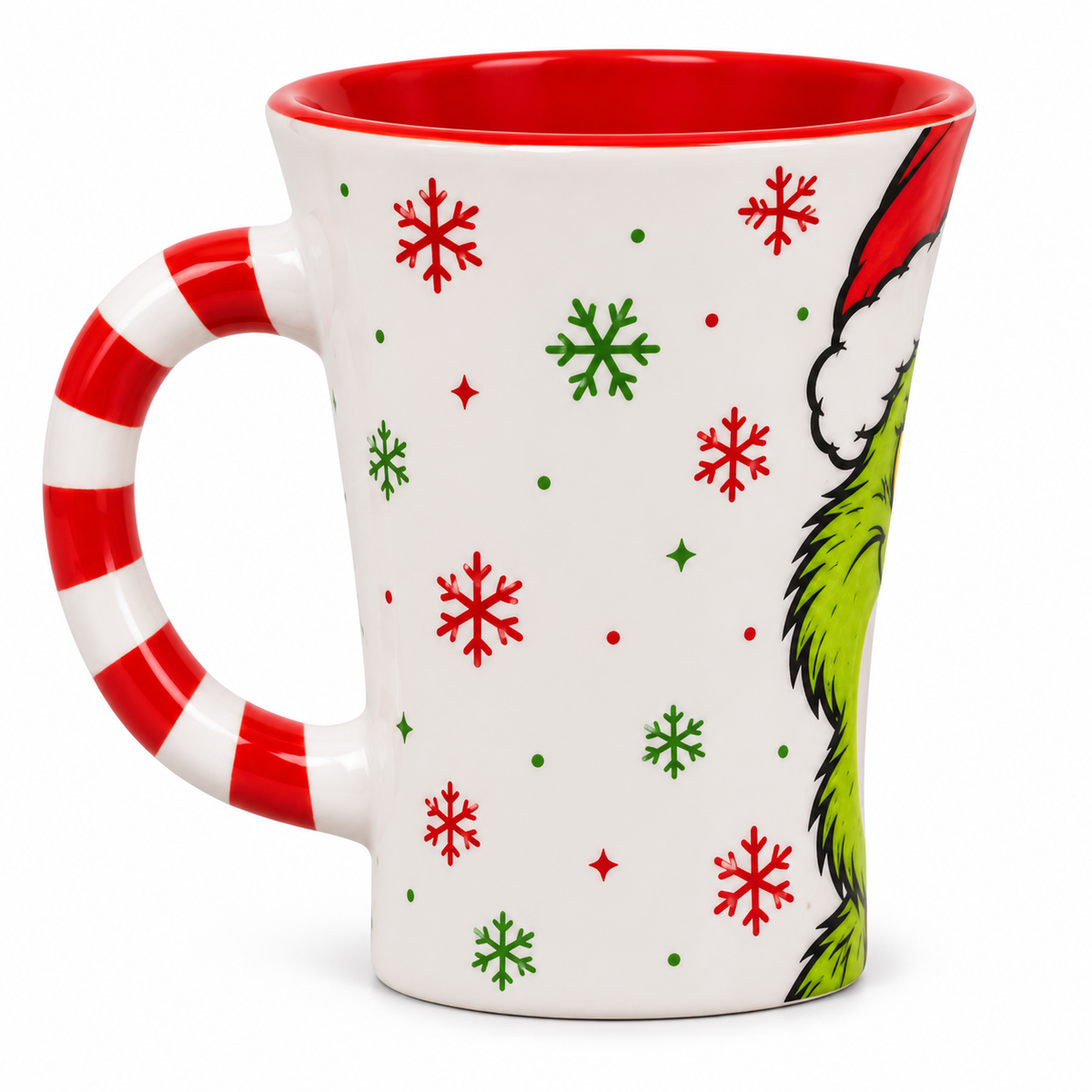 Other side of the Grinch chocolate melter mug with the candy-cane handle and red and green snowflakes