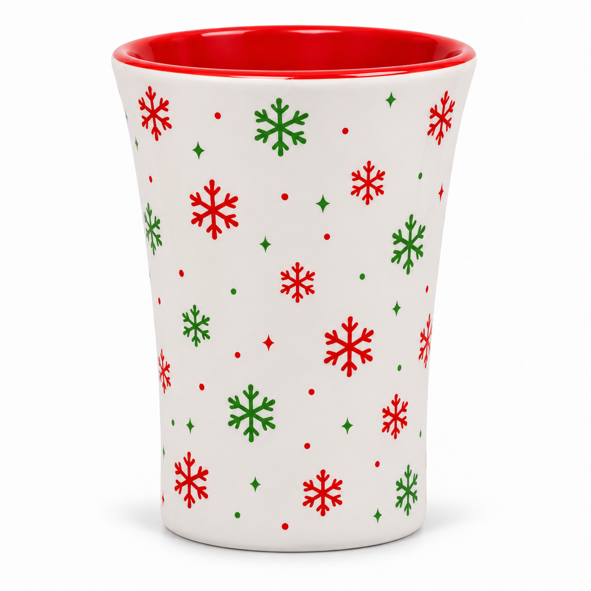 Back of the Grinch chocolate melter mug with red and green snowflakes and a red interior