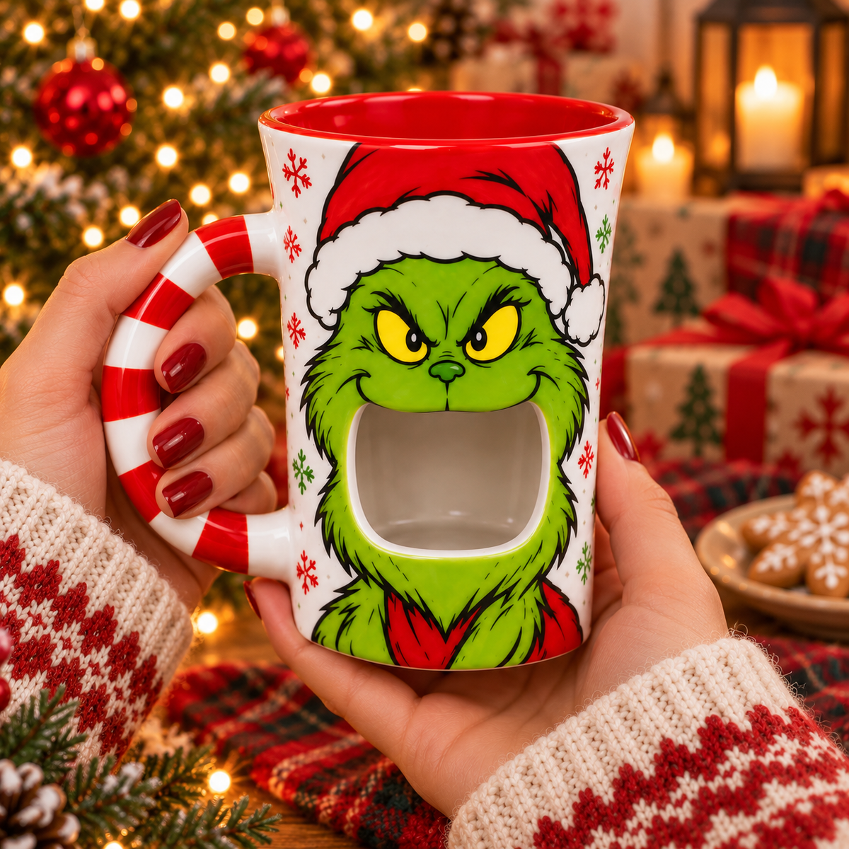 Hands holding the Grinch chocolate melter mug beside a lit Christmas tree