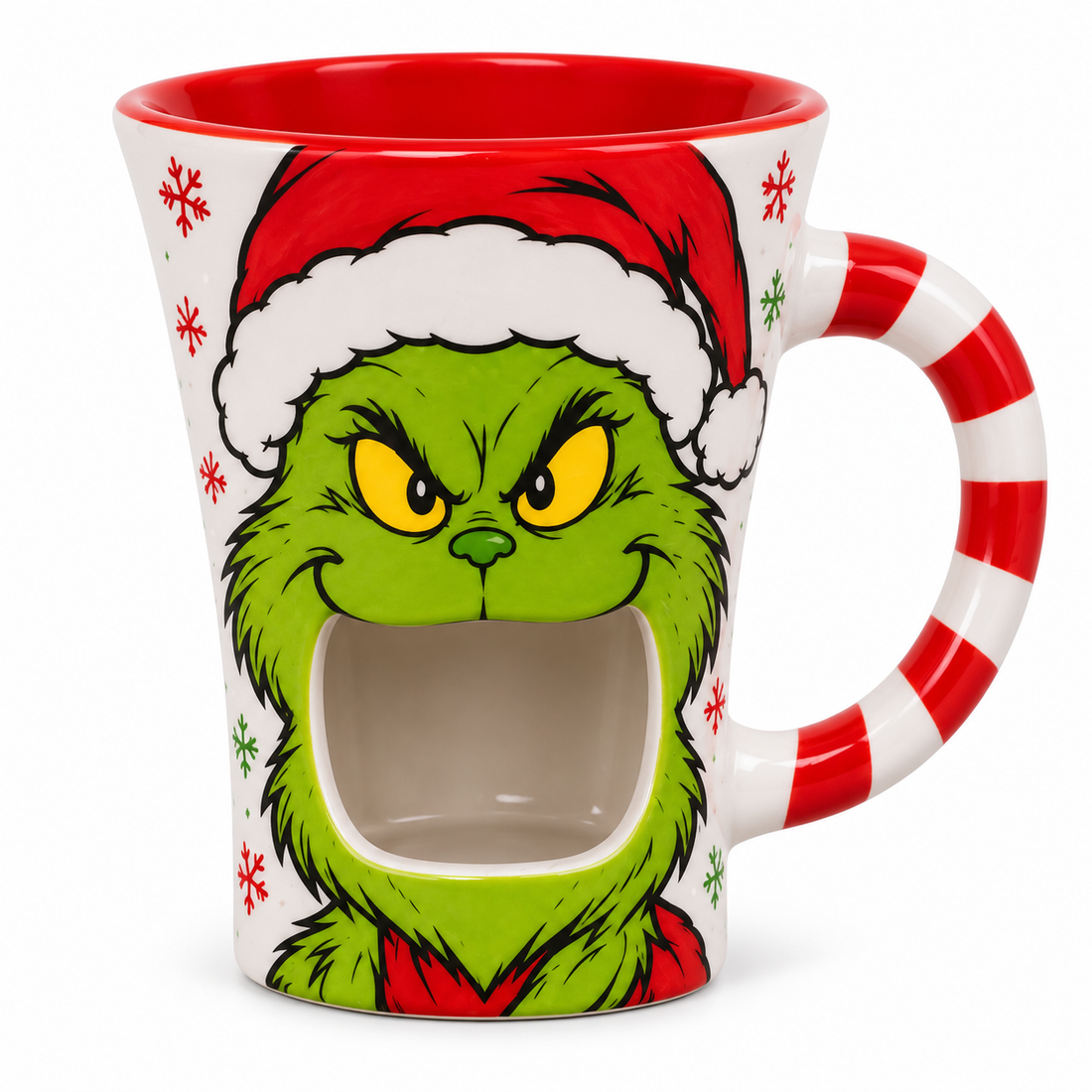 Front view of the Grinch chocolate melter mug with the open-mouth candle slot and candy-cane handle