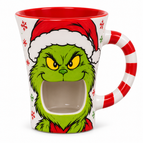 Front view of the Grinch chocolate melter mug with the open-mouth candle slot and candy-cane handle